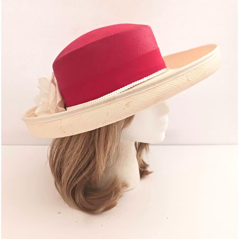 VTG Miss Bierner Straw Hat Ivory Red Crown Floral Trim Church/Wedding/Derby